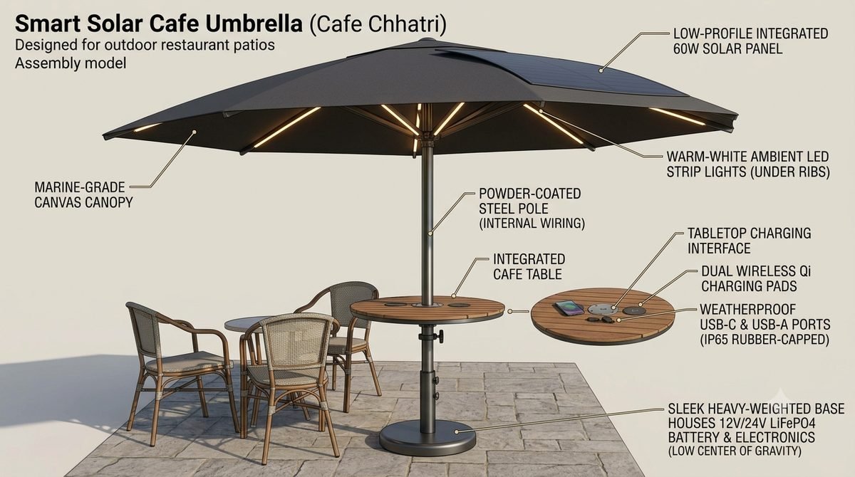 Café Umbrella: a large dark solar umbrella with an integrated wooden table, wireless charging pads, USB ports and a weighted base that houses the battery